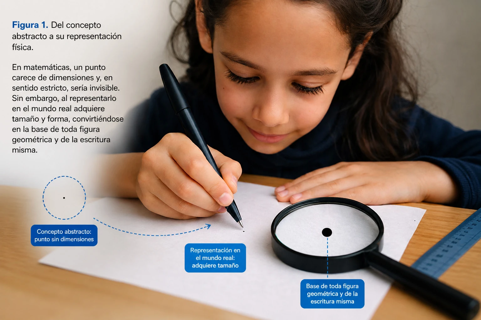 Comparación entre el punto matemático abstracto y su representación física sobre una superficie
