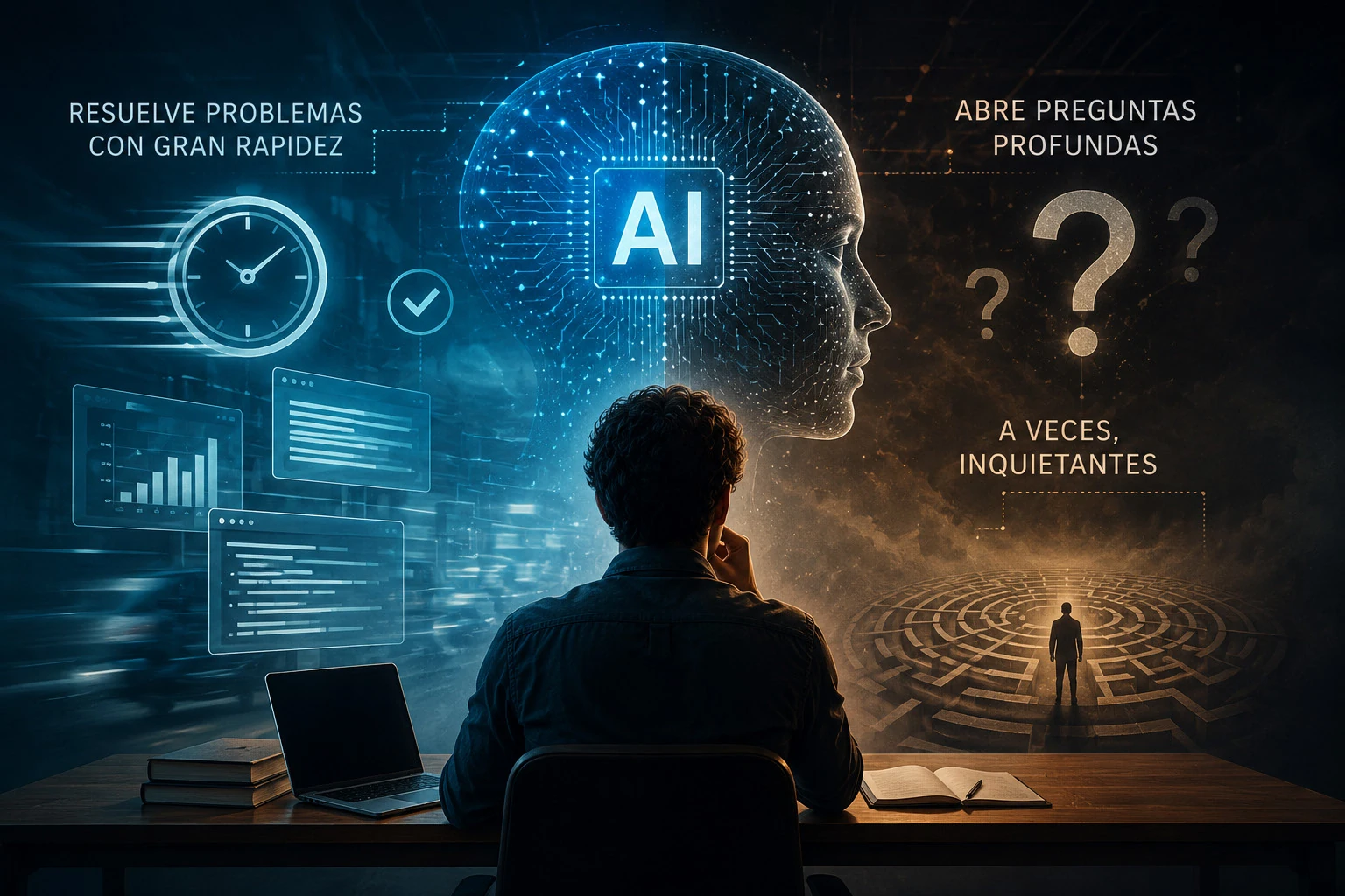 Ilustración sobre inteligencia artificial, preguntas y generación de respuestas