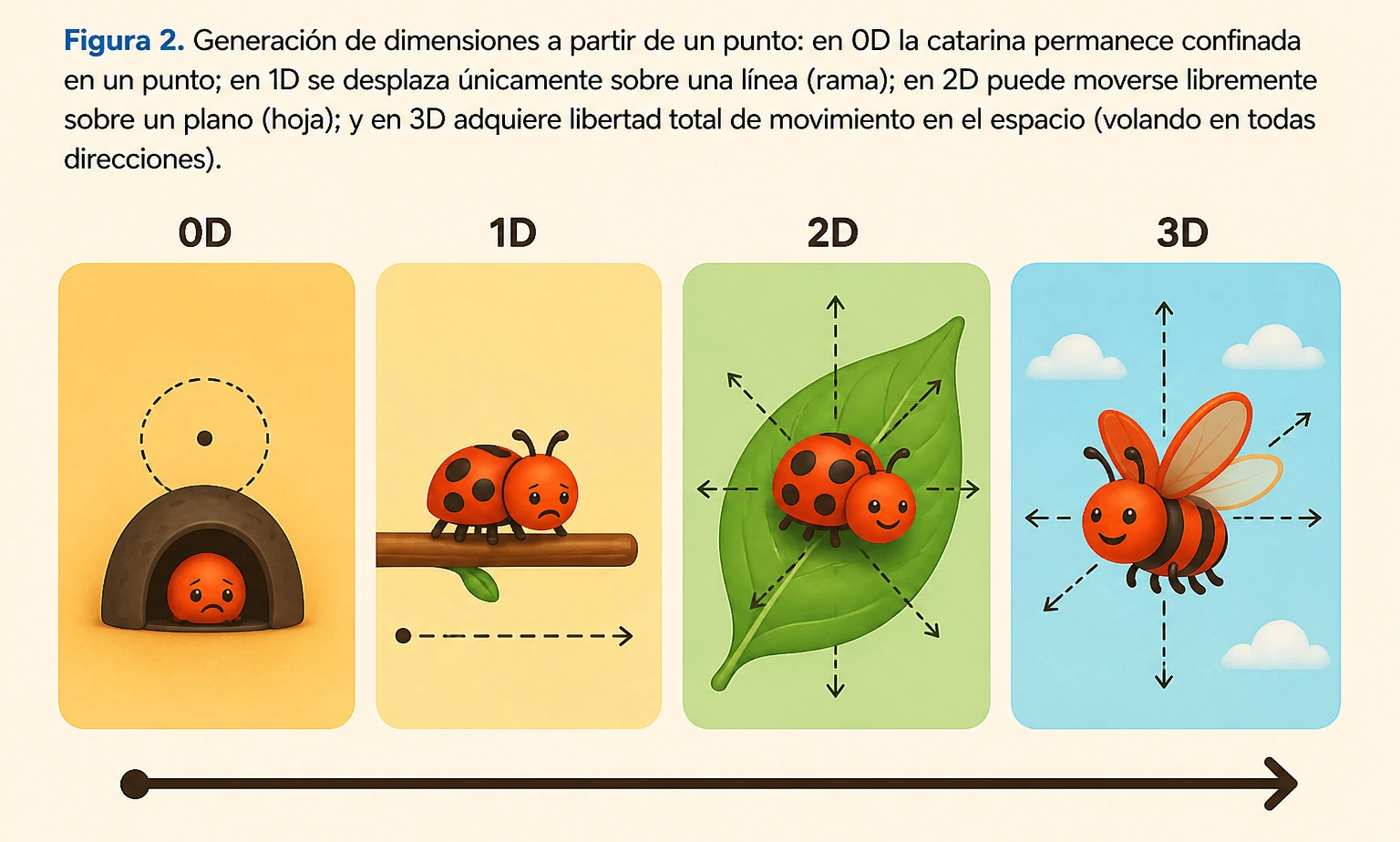Representación de las dimensiones cero, una, dos y tres mediante el movimiento de una catarina