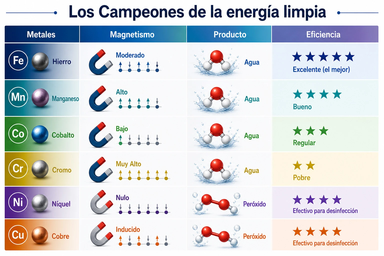 Comparación de magnetismo, producto y eficiencia de hierro, manganeso, cobalto, cromo, níquel y cobre