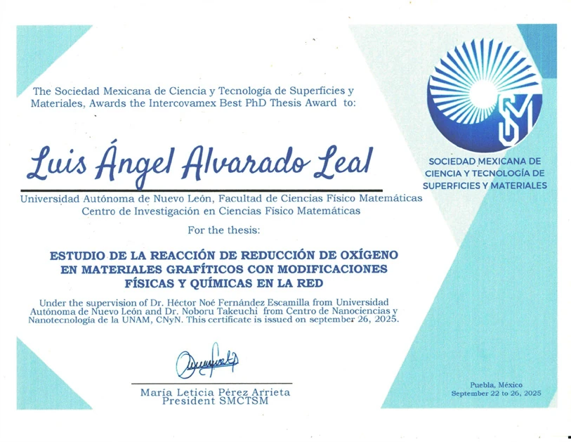 Reconocimiento a Luis Ángel Alvarado Leal por la Mejor Tesis de Doctorado
