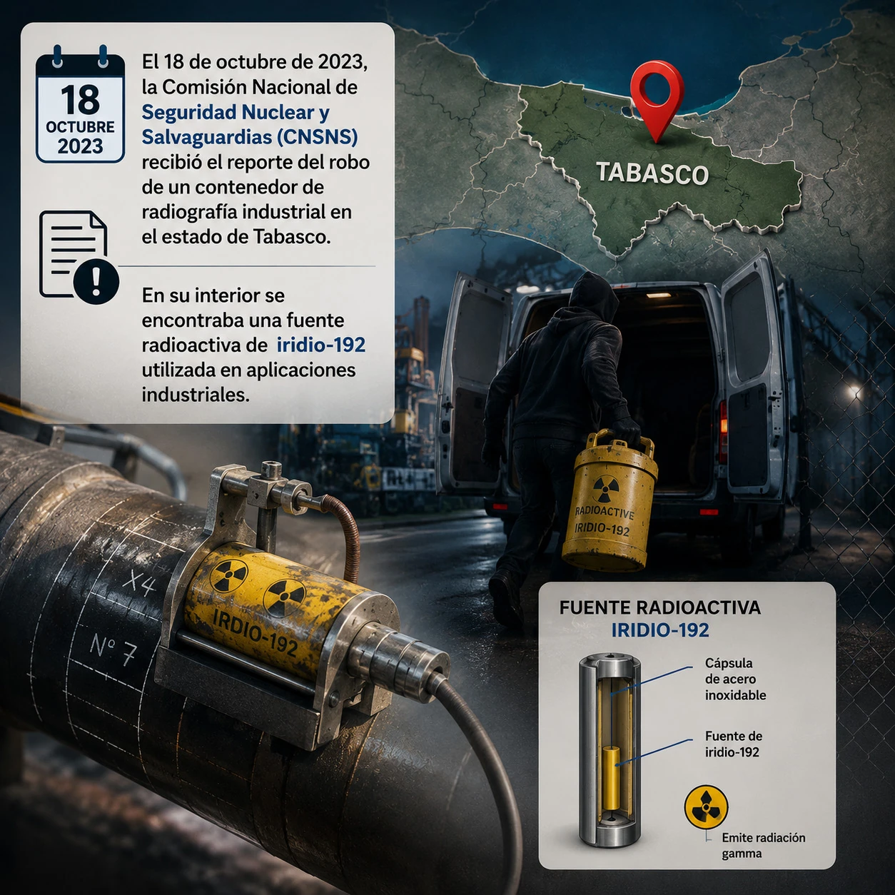 Infografía sobre el robo de una fuente radiactiva de iridio-192 en Tabasco y su localización en Chiapas