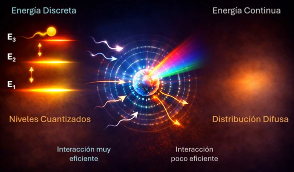 Comparación entre niveles de energía cuantizados y energía continua