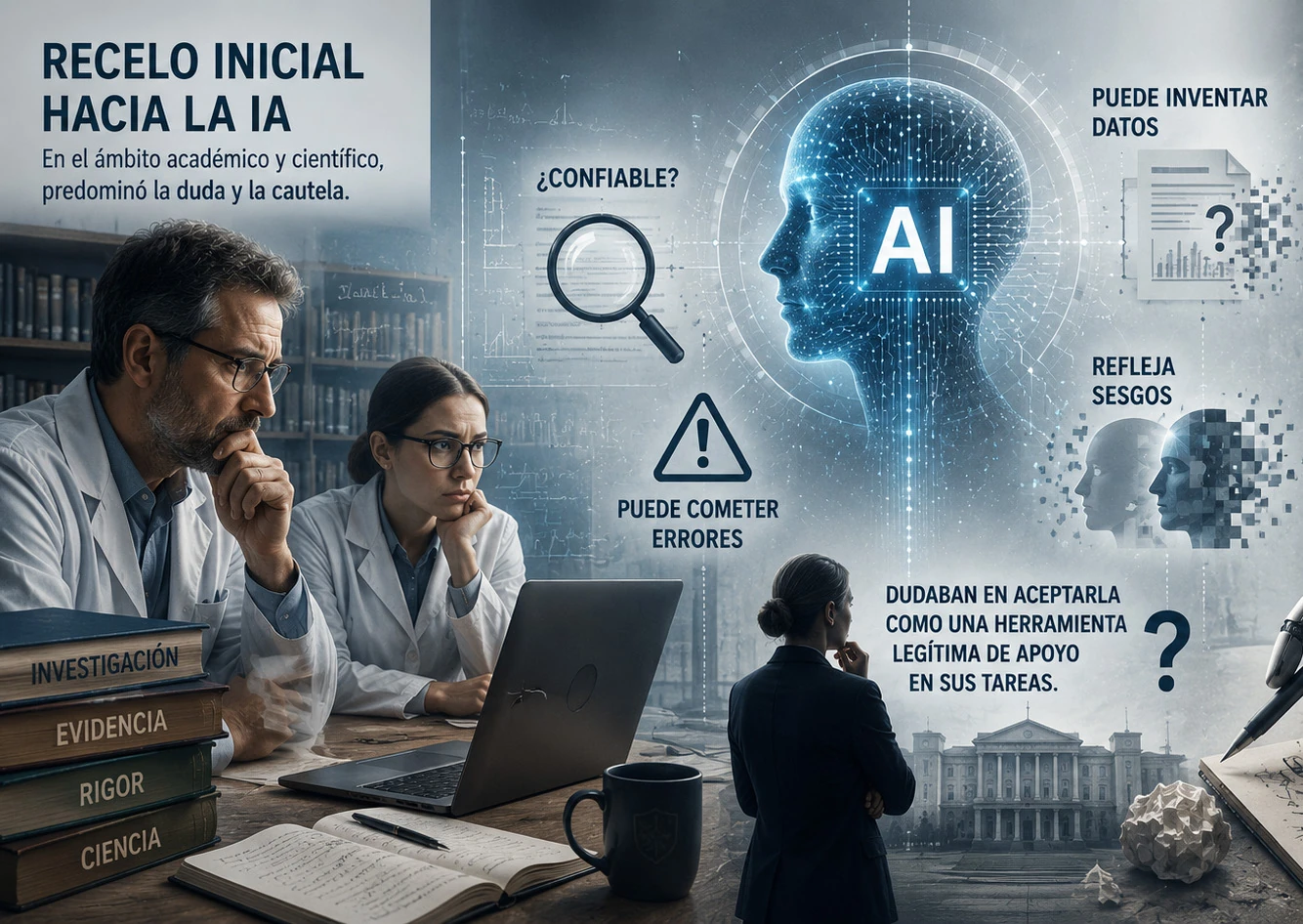 Ilustración sobre el recelo inicial hacia el uso de inteligencia artificial en la escritura académica