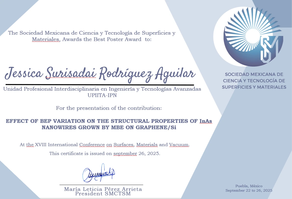 Reconocimiento a Jessica Surisadai Rodríguez Aguilar por el Premio al Mejor Póster